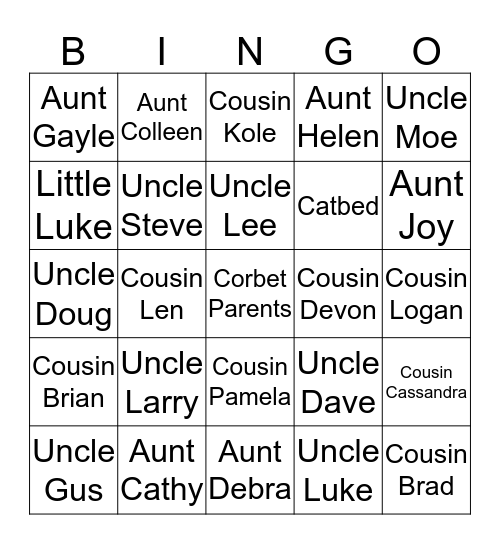 Corbet Relatives Bingo! Bingo Card