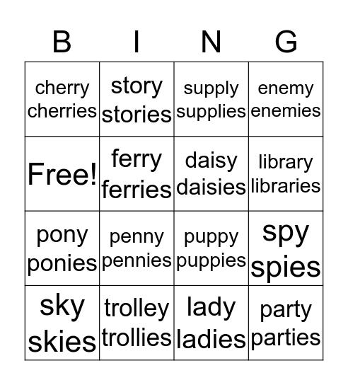 Plural: Change y to i add es Bingo Card