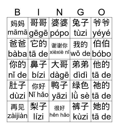 Pinyin 1 Bingo Card