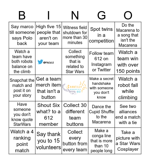 Chantilly Robotics BINGO (Once finished find Bingo Boy) Bingo Card