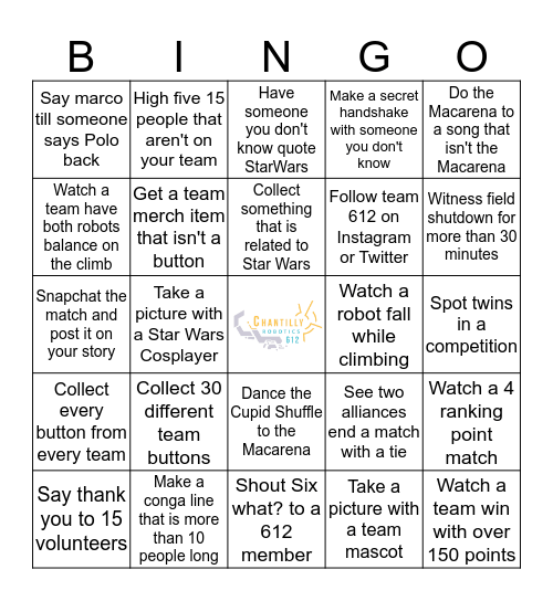 Chantilly Robotics BINGO (Once finished find Bingo Boy) Bingo Card