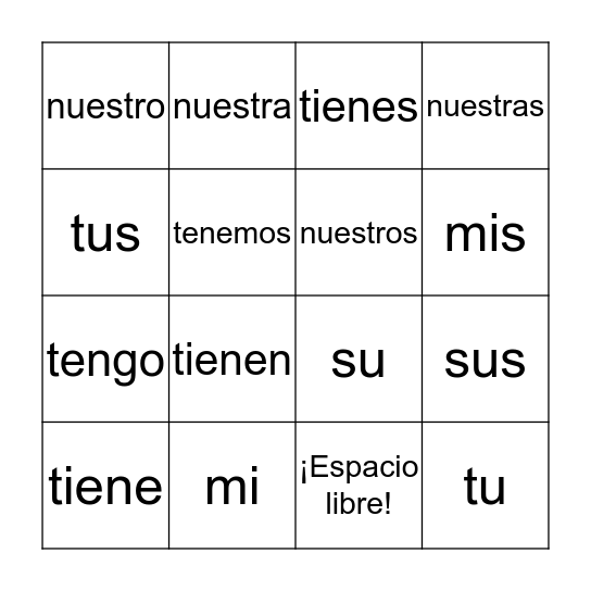 La gramática Bingo Card