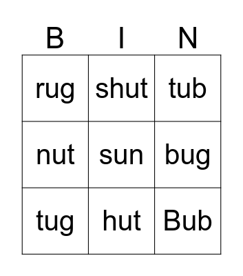 Short-u CVC Bingo Card