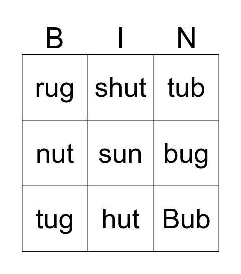 Short-u CVC Bingo Card