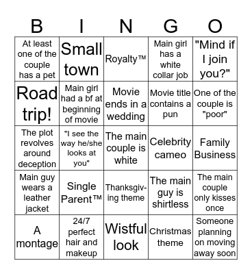 Hallmark Movie Bingo Card
