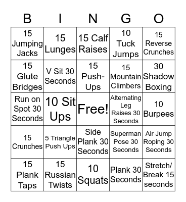 Fitness Bingo Card