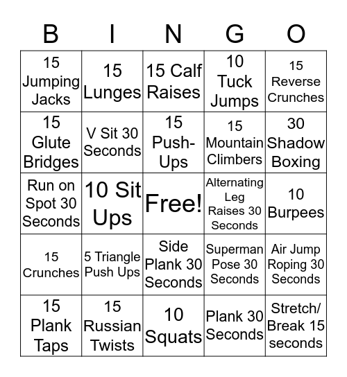 Fitness Bingo Card