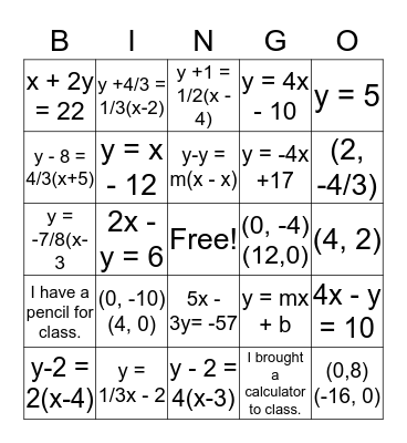 Algebra Midterm Review Unit 4 Bingo Card