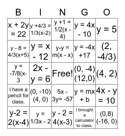 Algebra Midterm Review Unit 4 Bingo Card