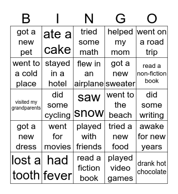 My Winter break Bingo Card