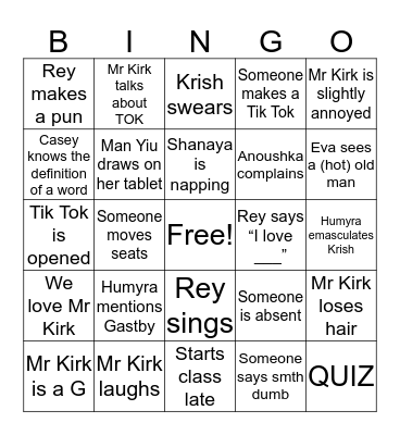 English class Bingo Card
