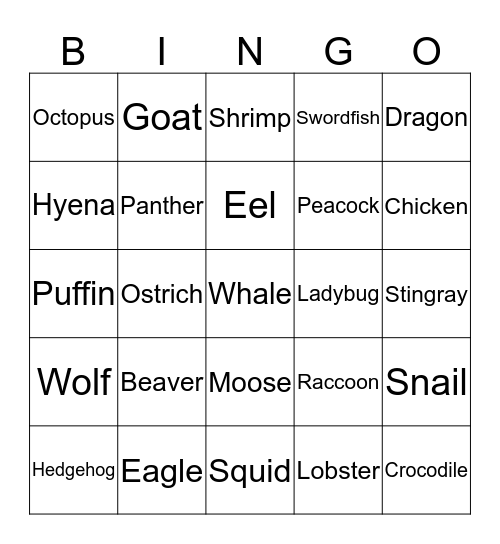 Animal Bingo 2020 Bingo Card