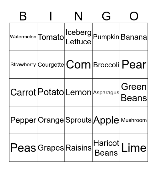 Fruit and Veg Bingo Card