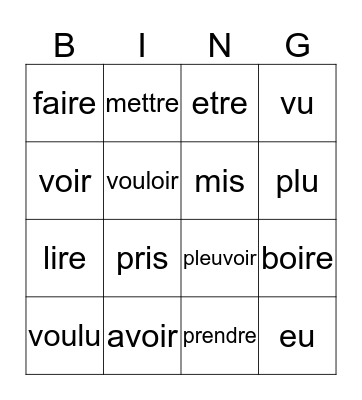 PC irregular verbs (avoir) Bingo Card