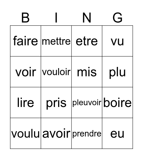 PC irregular verbs (avoir) Bingo Card