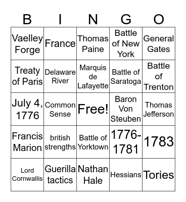 Revolutionary War Bingo Card