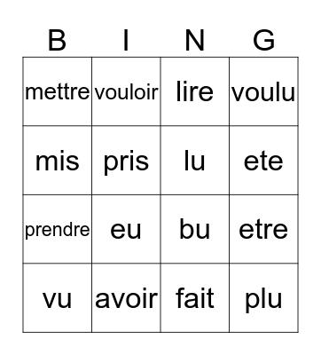 PC IRREG. VERBS (AVOIR) Bingo Card