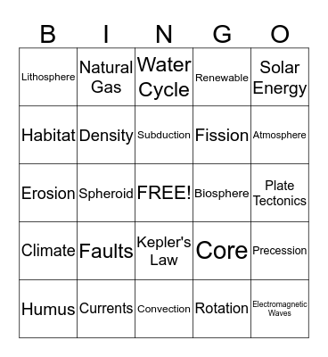 Earth Science Bingo!  Bingo Card