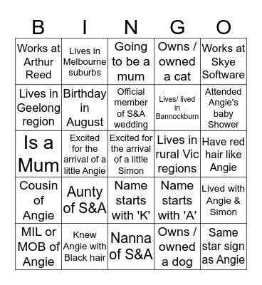 Angies Baby Shower Bingo Card