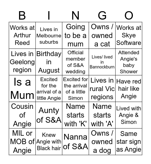 Angies Baby Shower Bingo Card