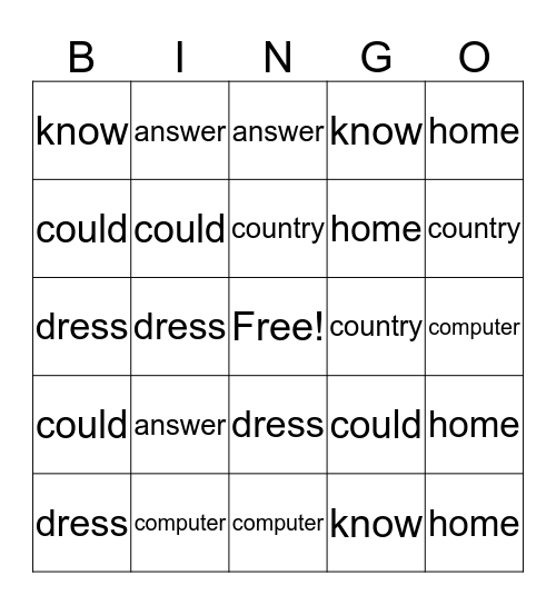 AC Sight Words 17 Bingo Card