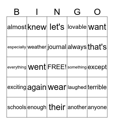 Vocabulary Bingo Card