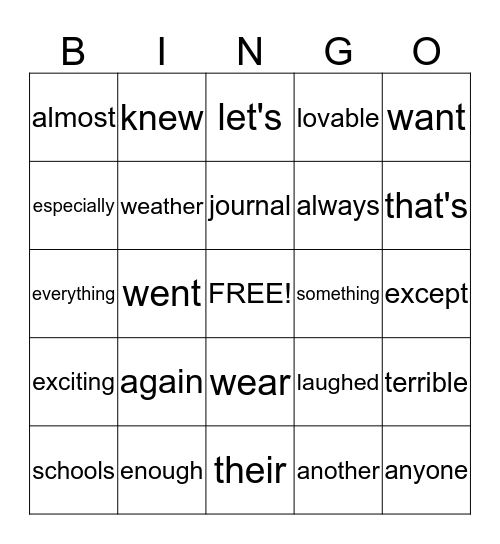 Vocabulary Bingo Card