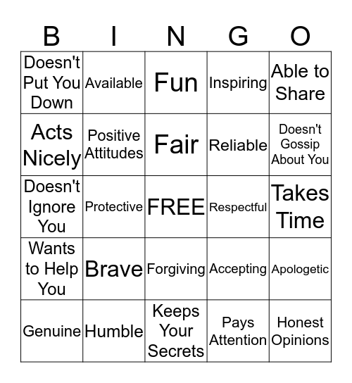 Friendship Bingo Card