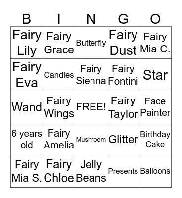 Amelia's Fairyland Party Bingo Card