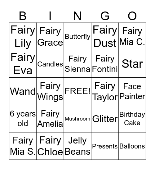 Amelia's Fairyland Party Bingo Card