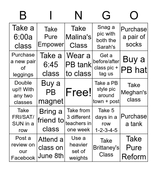 Pure Barre Bingo Card