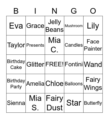 Amelia's 6th Birthday Party Bingo Card