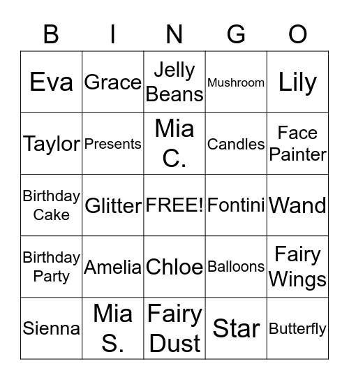 Amelia's 6th Birthday Party Bingo Card