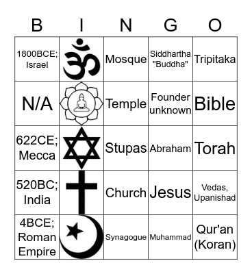 Religions Bingo Card
