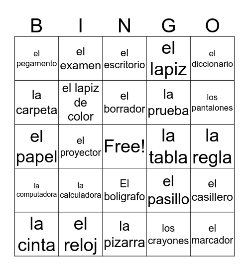 School Supplies Bingo Card