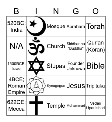 Religions Bingo Card