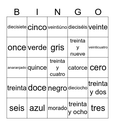 Grade 3 Colores y números Bingo Card