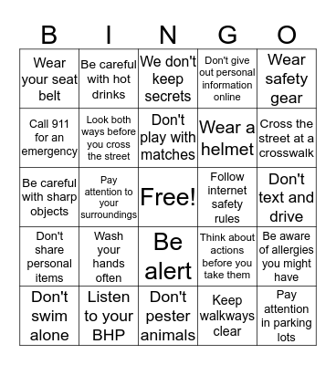 Safety  Bingo Card