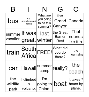 Summer vacation Bingo Card