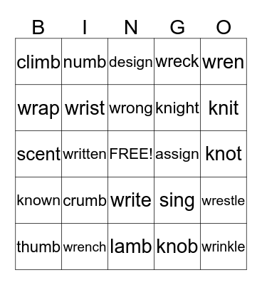 Silent Letter Bingo Card