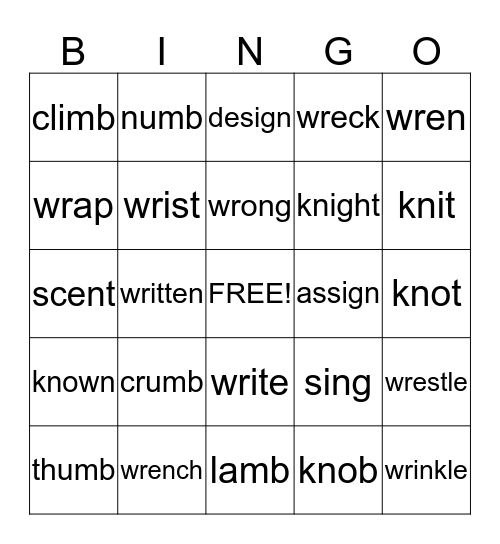 Silent Letter Bingo Card