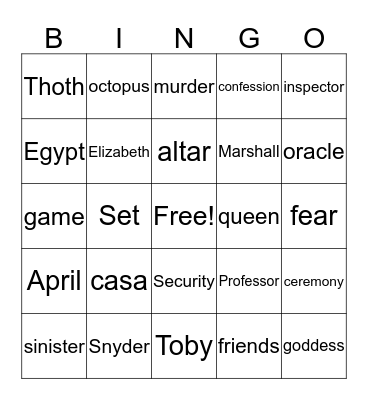 Egypt Game Bingo Card