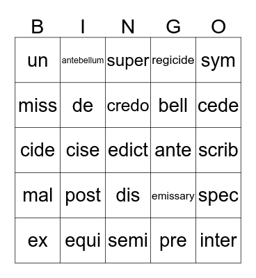 Caesar's English Bingo Card