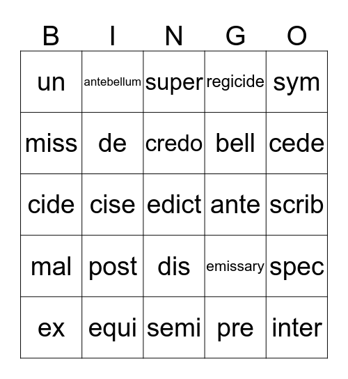 Caesar's English Bingo Card