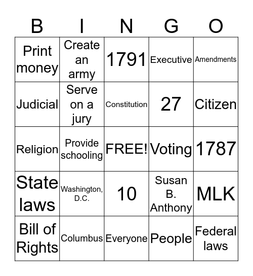 Civics Bingo Card