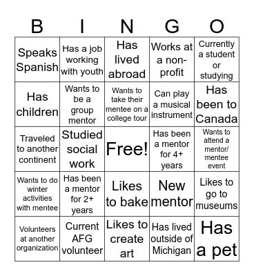 Mentor Bingo Card