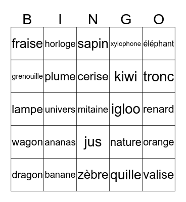 Mots A - Z Bingo Card