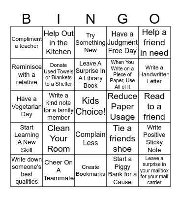 Random Acts of Kindness Bingo Card