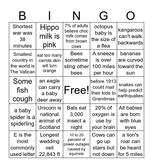 Random Fun Facts Bingo Card