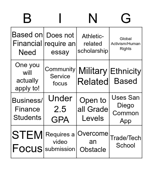 Scholarship Bingo Card